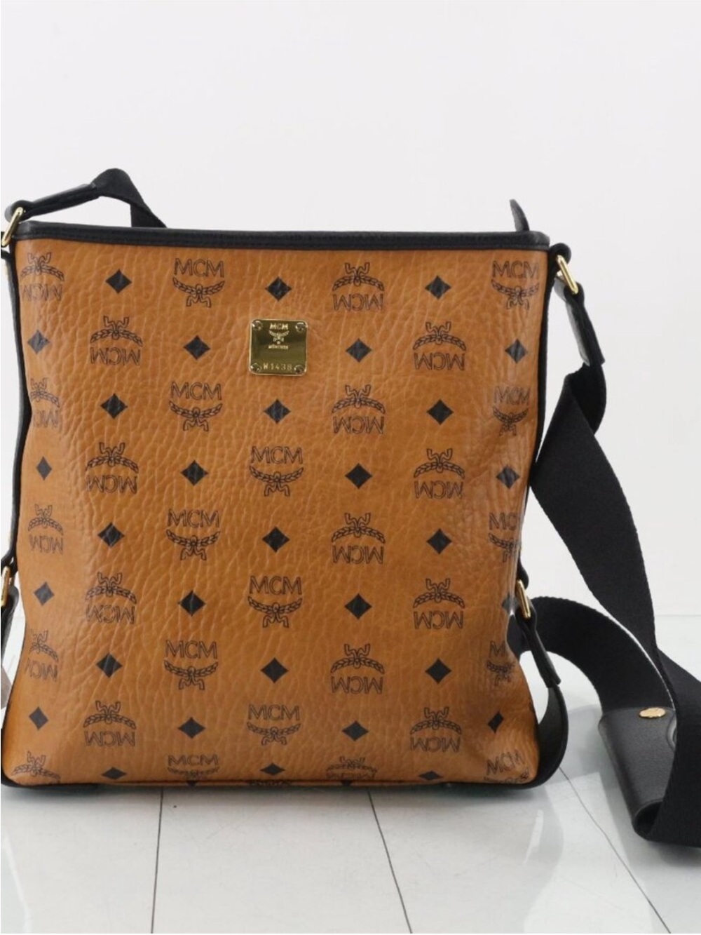 MCM Cognac Coated Canvas Messenger Bag with Black Strap unisex
